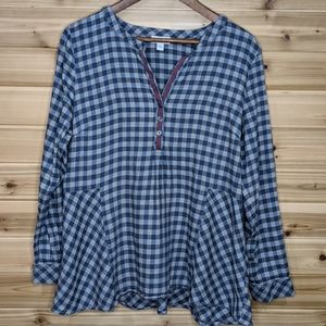 J. Jill Blue and Gray Plaid Button Chest Top Size Large